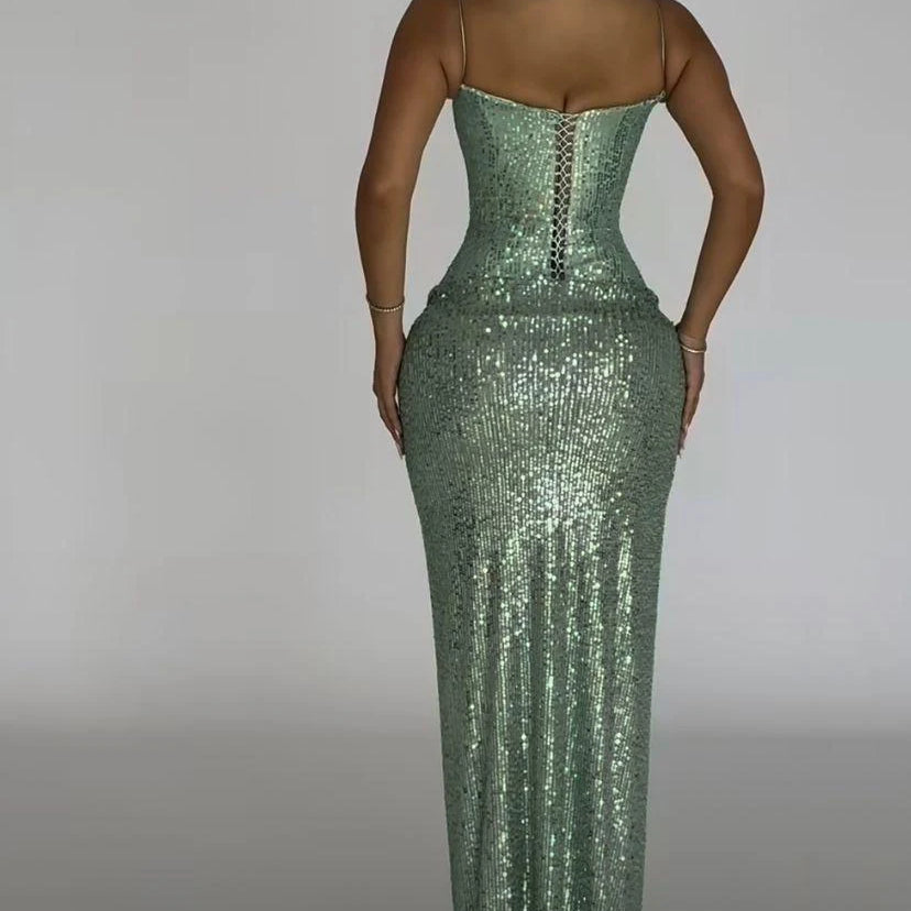 Shinning Sequins Women Sexy Strap Bodycon Long Maxi Dress Fashion Celebrate Nightclub Party Birthday Photo Shoot Wear