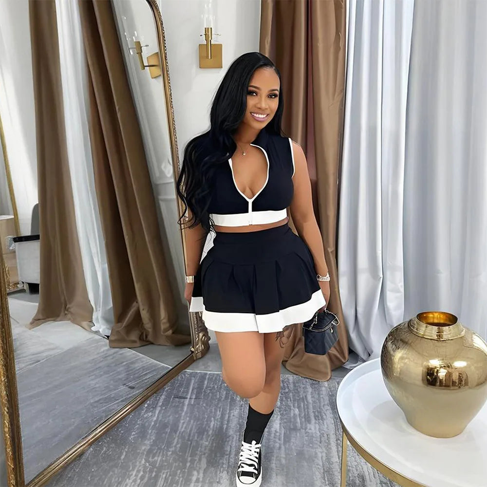 CM.YAYA Women's Set Sleeveless V-neck Vest + Pleated Skirts 2025 Summer Cute Street Beach Two 2 Piece Sets Outfits Tracksuit