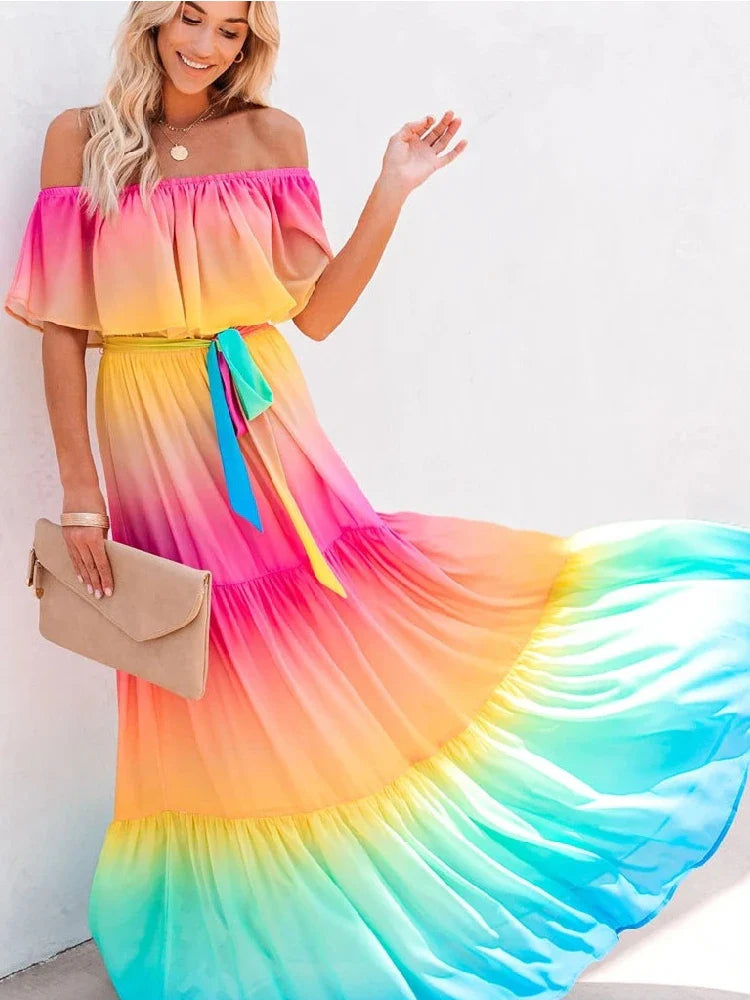 Multicolored Bohemian Ruffled Off Shoulder Self Belted Party Dress Cotton Tunic Women Boho Maxi Dresses Vestidos A324