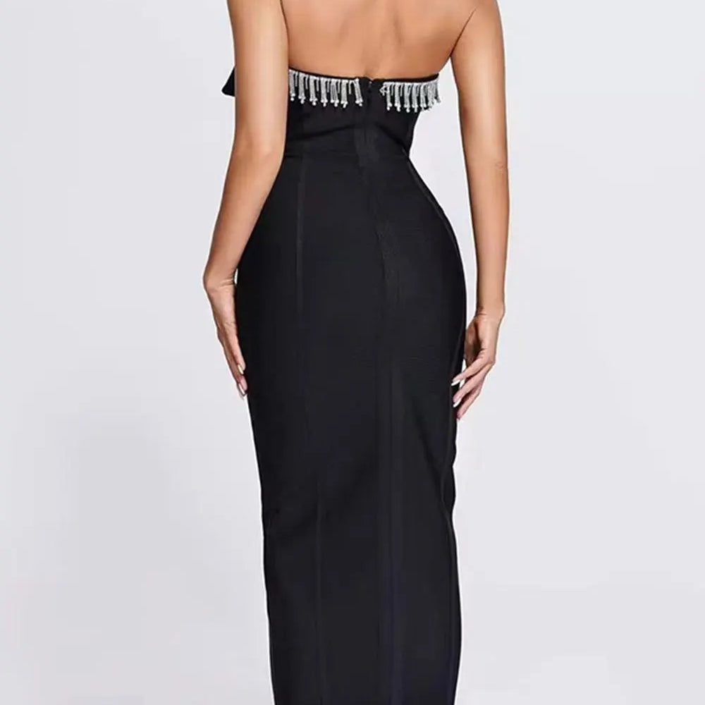 2024 Sexy Women'S Light Luxury Sequin Rhinestone Tassel Design Bandage Dress Strapless Sleeveless Bodycon Backless Midi Dresses