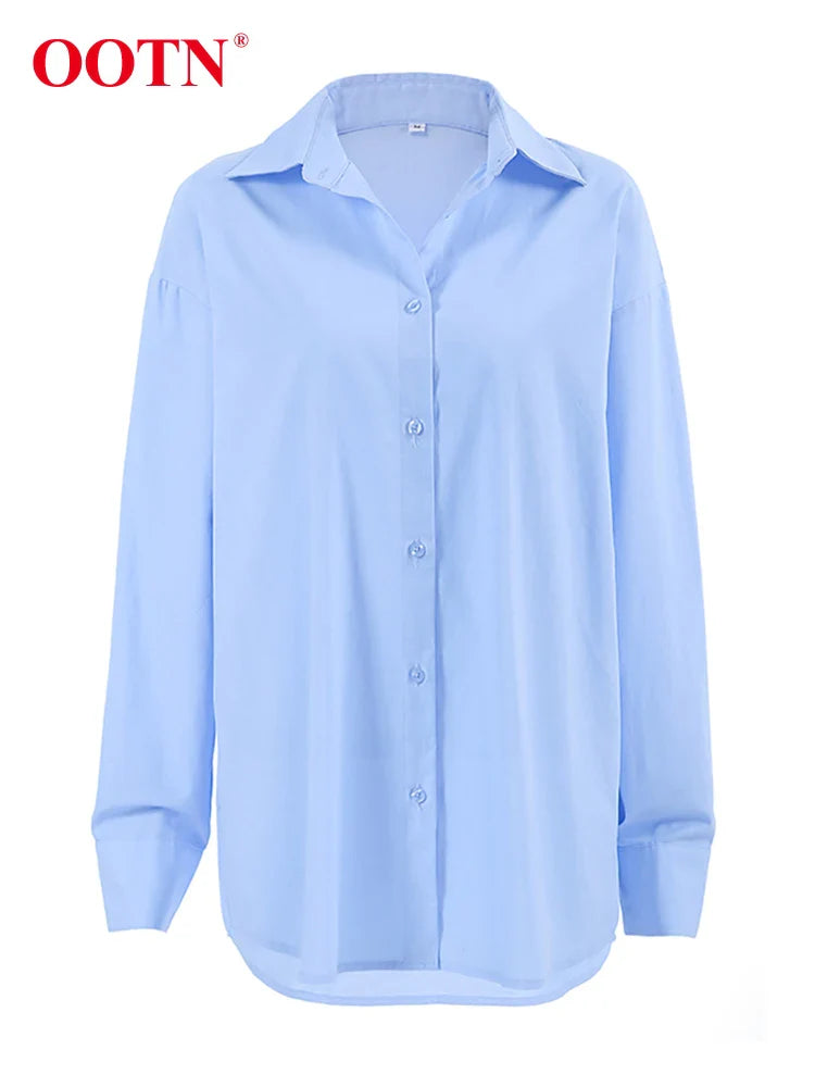 OOTN Blue Elegant Women's Cotton Linen Shirts Autumn Turn Down Collar Button Blouses And Tops Office Ladies Long Sleeves