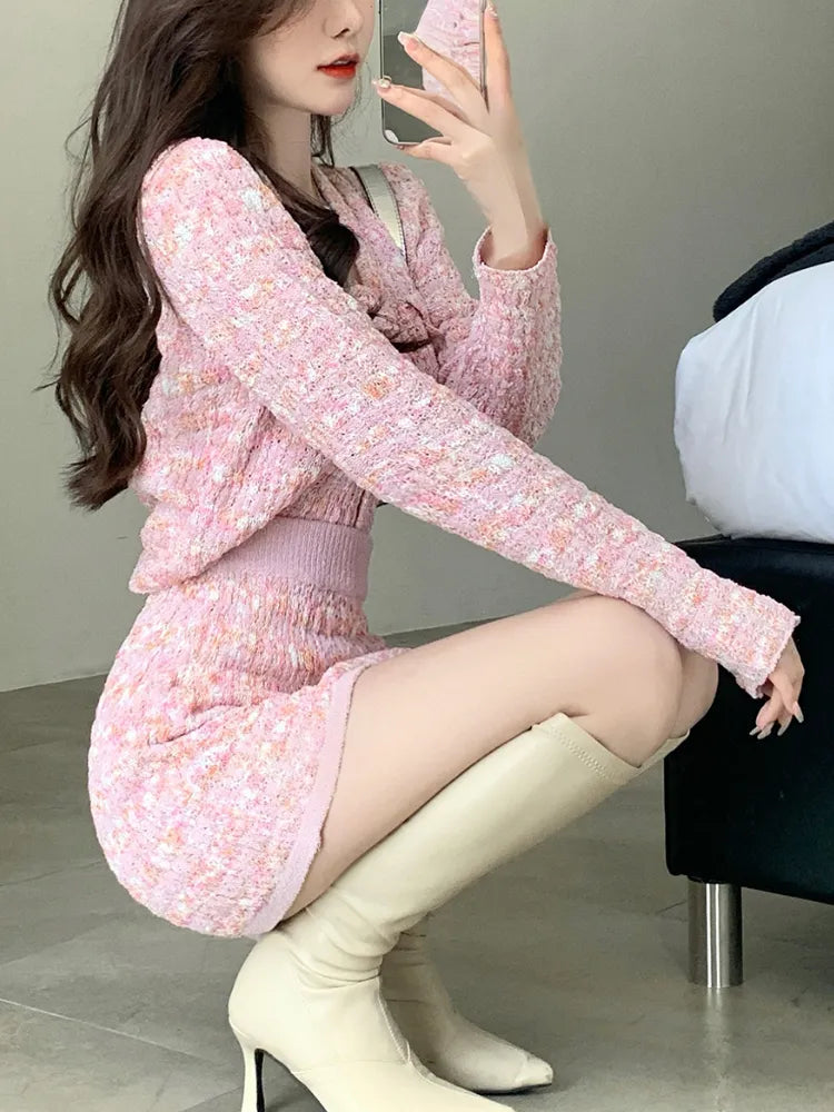 Two Piece Dress Set Sweet Cardigan Sweater + Slim Skirt Pink Elegant Y2k Mini Dress 2022 Autumn Office Lady Casual Knitted Suits