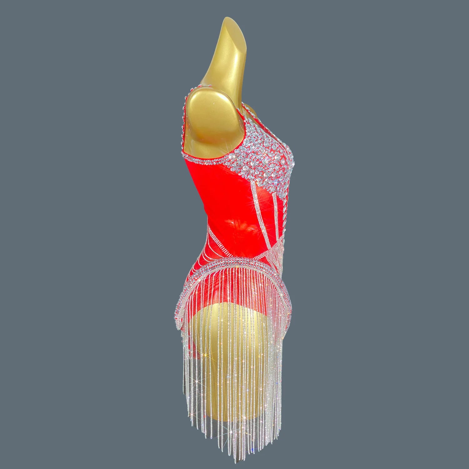 Women Shiny Red Crystal Chain Diamonds Dress Elastic Sexy Mini Night Club Performance Costume Birthday Party Dress Tassel Liehu