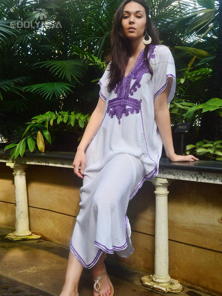 Vintage Embroidery Kaftan Sexy V-neck Batwing Sleeve High Waist Maxi Dress Tunic Women Clothing Summer Beach Dresses Q660 White One Size