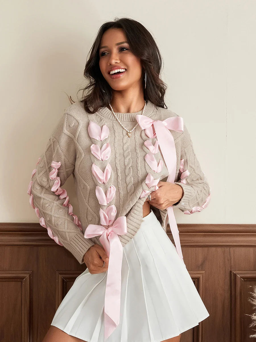 wsevypo Women's Ribbon Bowknot Knit Sweaters Cute Retro Long Sleeve Round Neck Cable Knit Pullover Tops for Fall Winter Brown