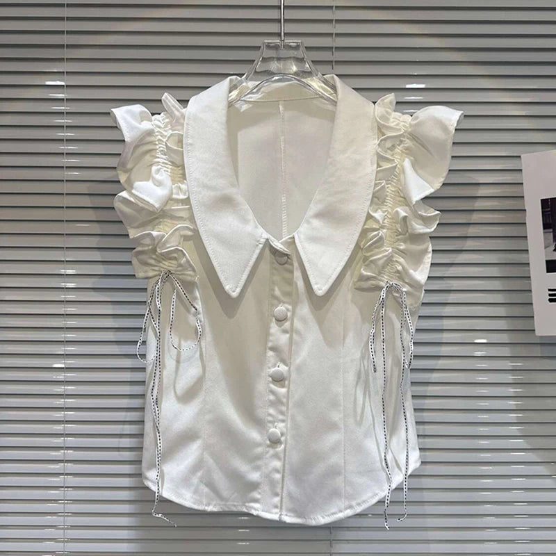Spring New Sweet Temperament Ruffled Tie Sleeve Solid Color Tank Top For Women Versatile Single-breasted Vest 11A07933 White