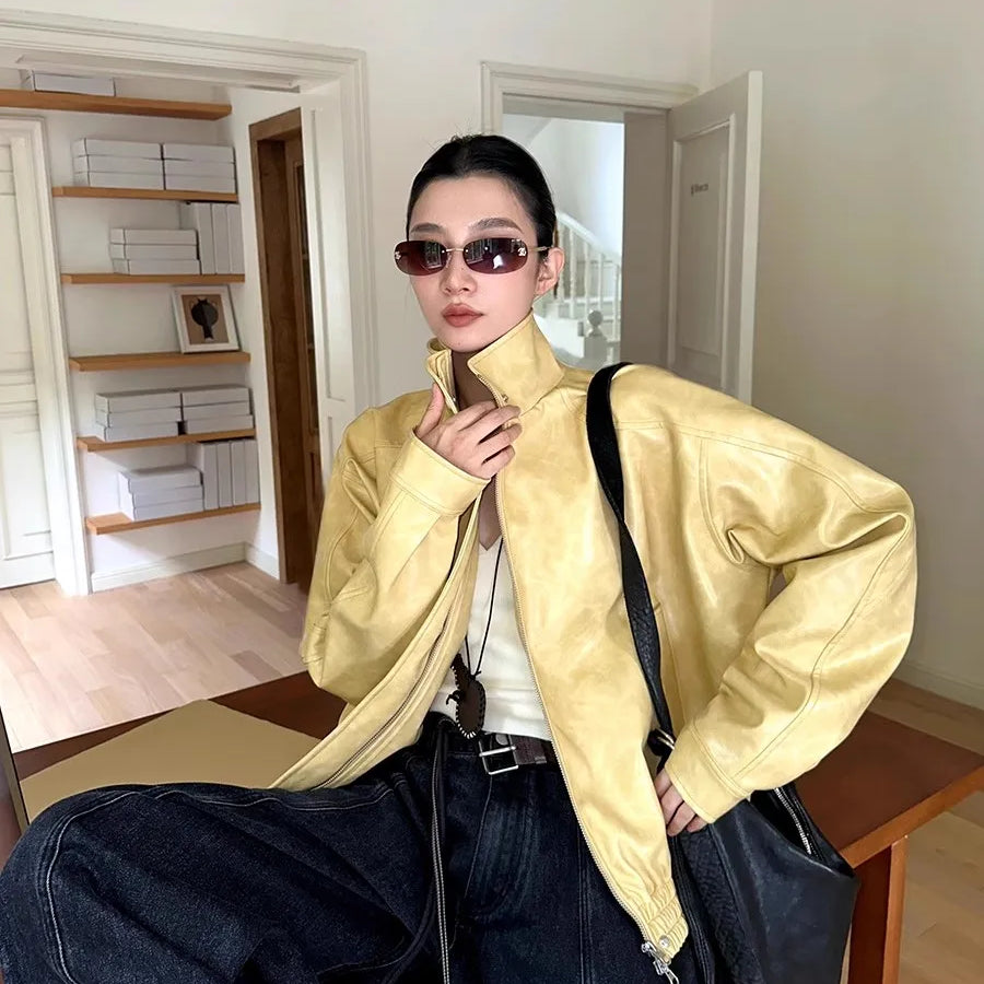Lautaro Autumn Cool Short Oversized Distressed Yellow Pu Leather Jacket Women Zipper High Quality American Retro Unisex Clothes