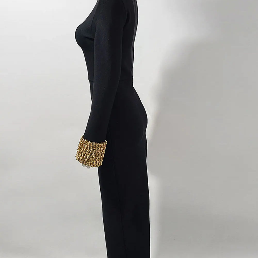 2025 Elegant Women Light Luxury Nail Bead Design Bandage Dress High Collar Long Sleeve Bodycon Long Dress Evening Party Vestidos