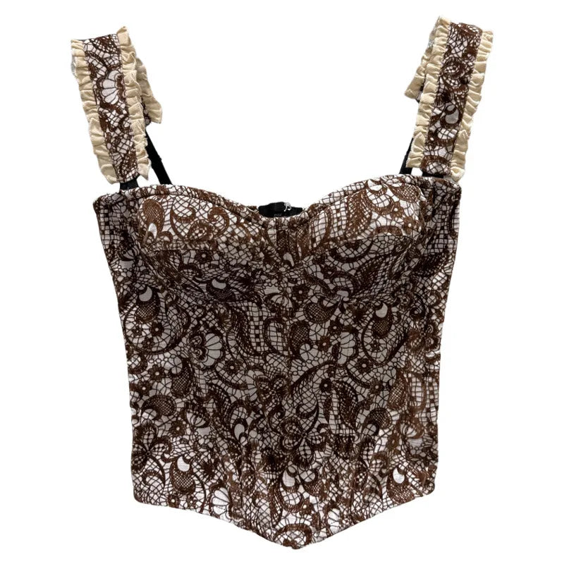 Winter New Fashion Floral Pattern Lace Shoulder Strap Fishbone Chest Pad Camisole For Women Outwear Tank Top 11A07941