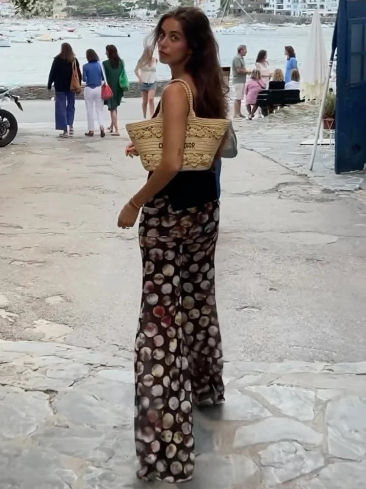 Mozision Mesh Leopard Print Trousers Woman Fashion High Waist Print Wide Leg Pants Female Elegant Printed Long Pants Bottoms