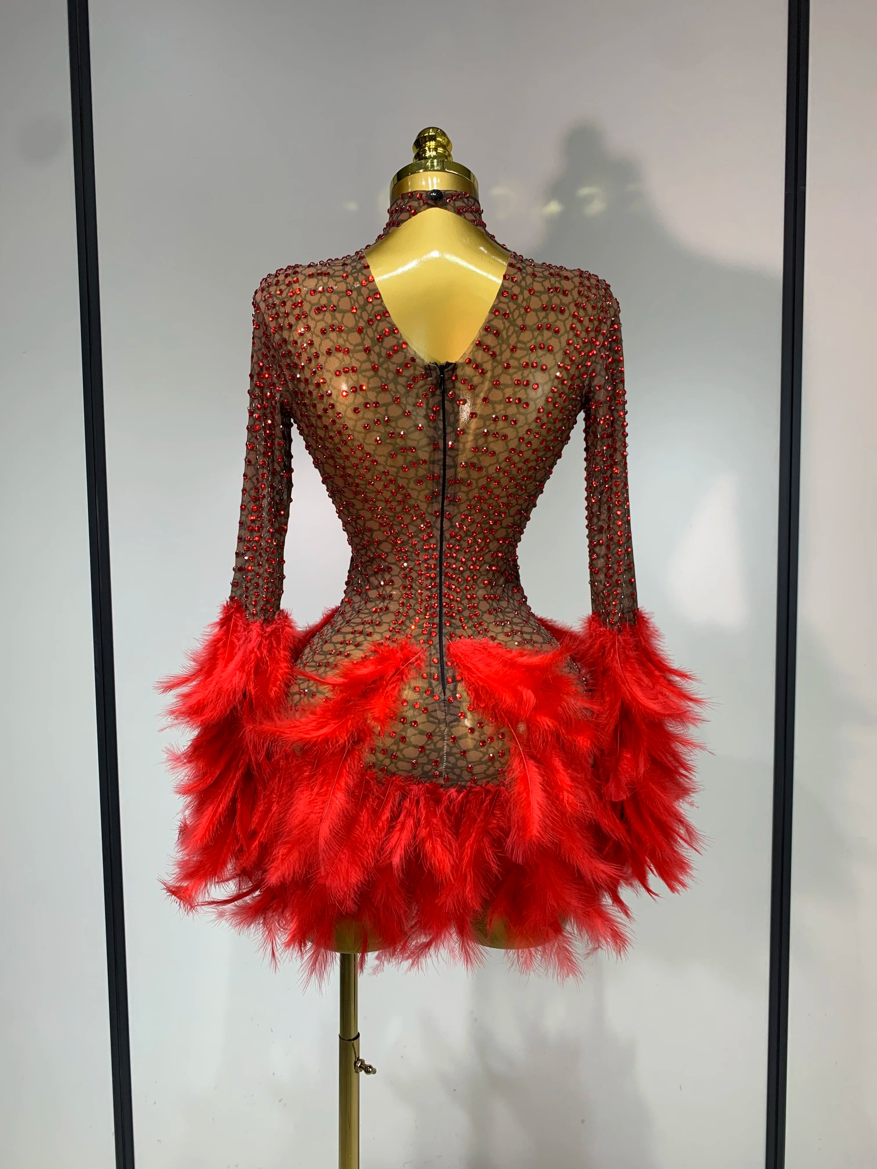Women Luxury Birthday Dress Rhinestones Mesh Feathers Bodycon Mini Celebrity Evening Club Party Dress Nightclub Stage Outfit
