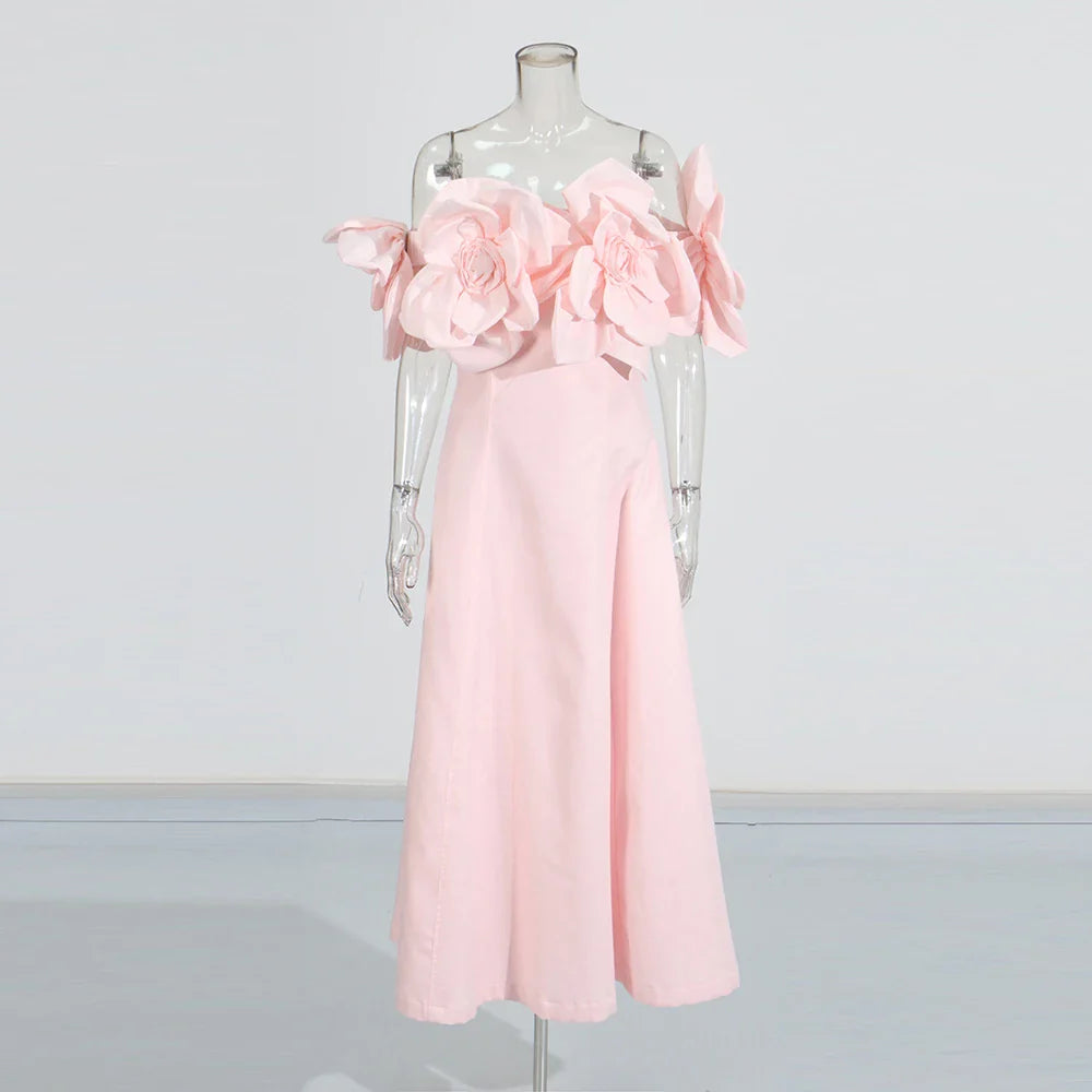 Solid Slimming Elegant Dresses for Women Strapless Off Shoulder Patchwork 3D Flowers Fashion Dress Female Clothing