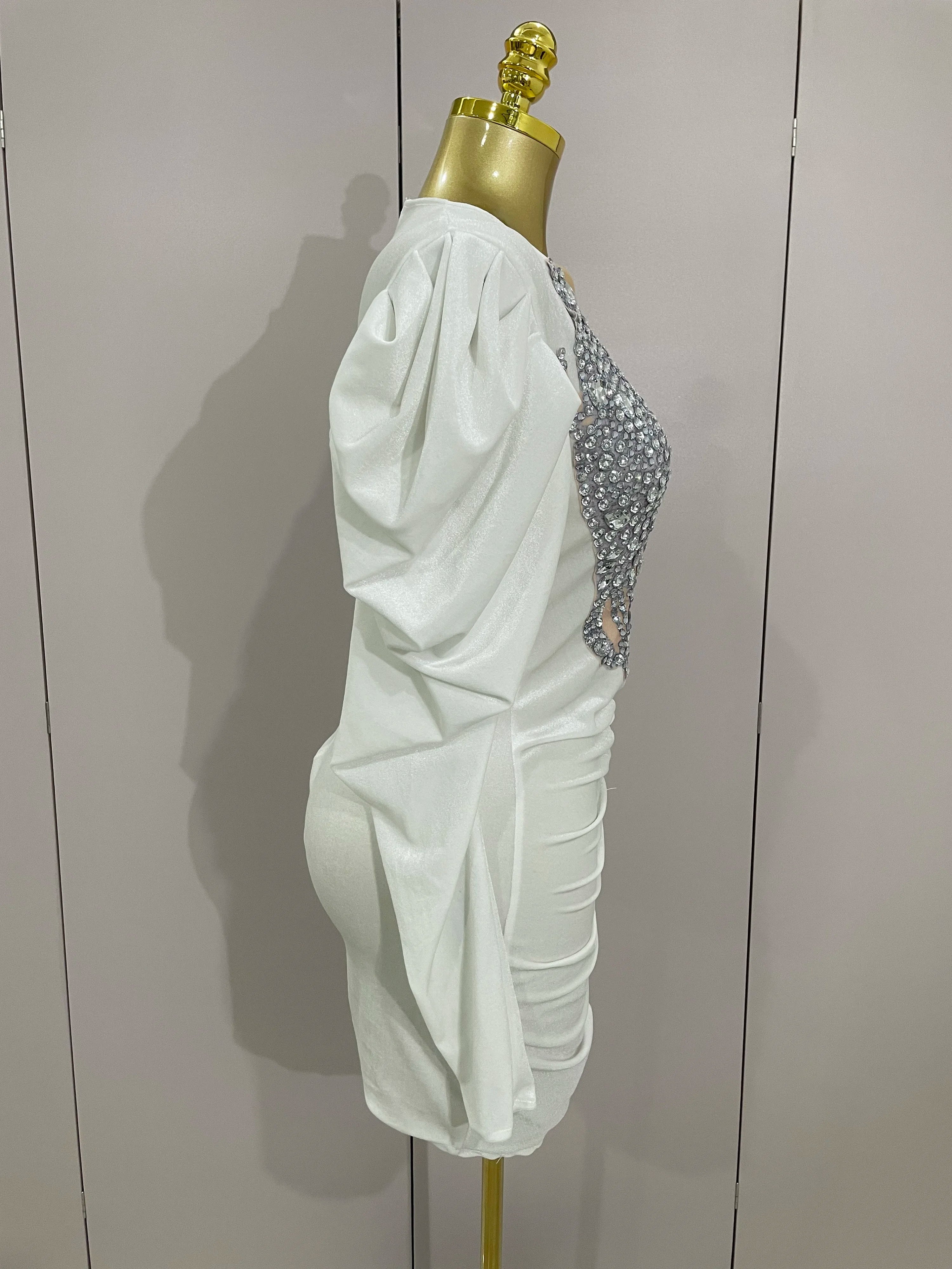 Luxury Sparkly Crystals Sexy Mesh White Velvet Short Dress 2025 Women Elegant Evening Prom Birthday Party Dresses Stage Costume