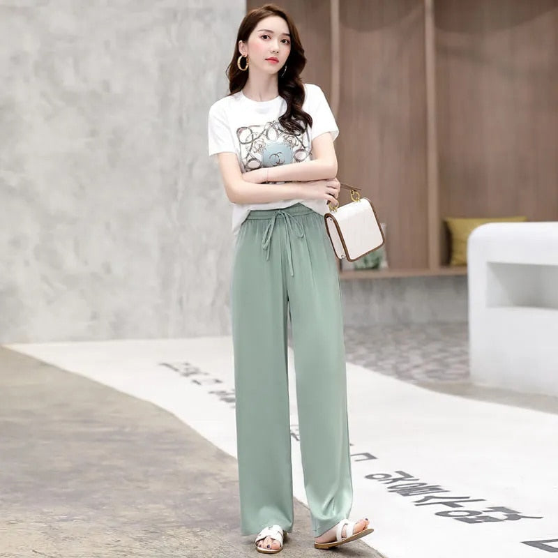 Tenue d'été deux pièces pour femmes, nouveau Style coréen, manches courtes, mode, pantalon à jambes larges, ensemble décontracté, Couture, costume d'automne