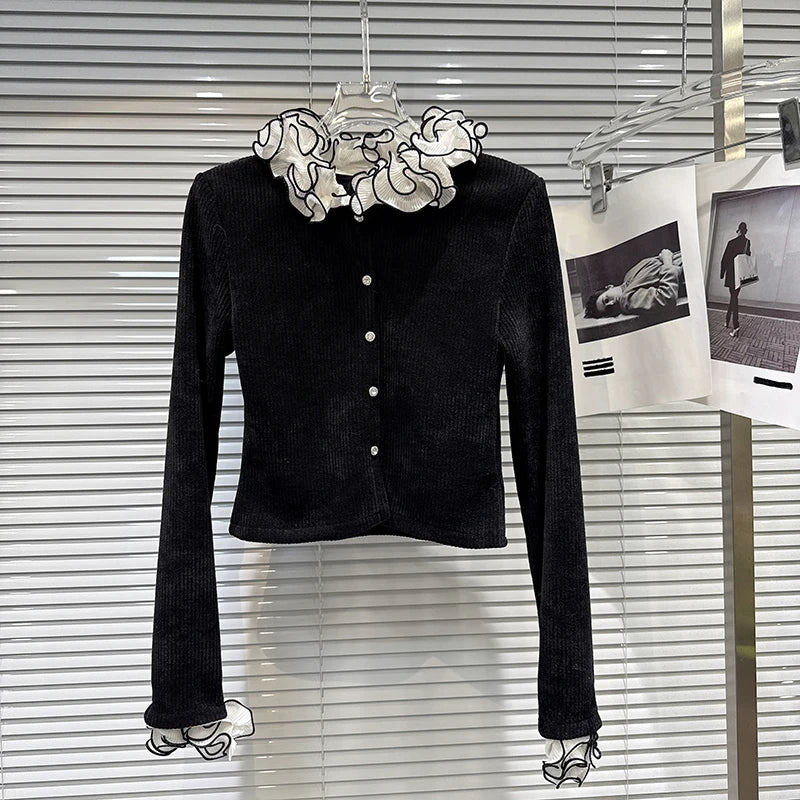 Winter New Sweet Fashion Ruched Lace Collar Corduroy Fabric Long Sleeve T-Shirt For Women Slim Fit Top Female 11A07684 Black