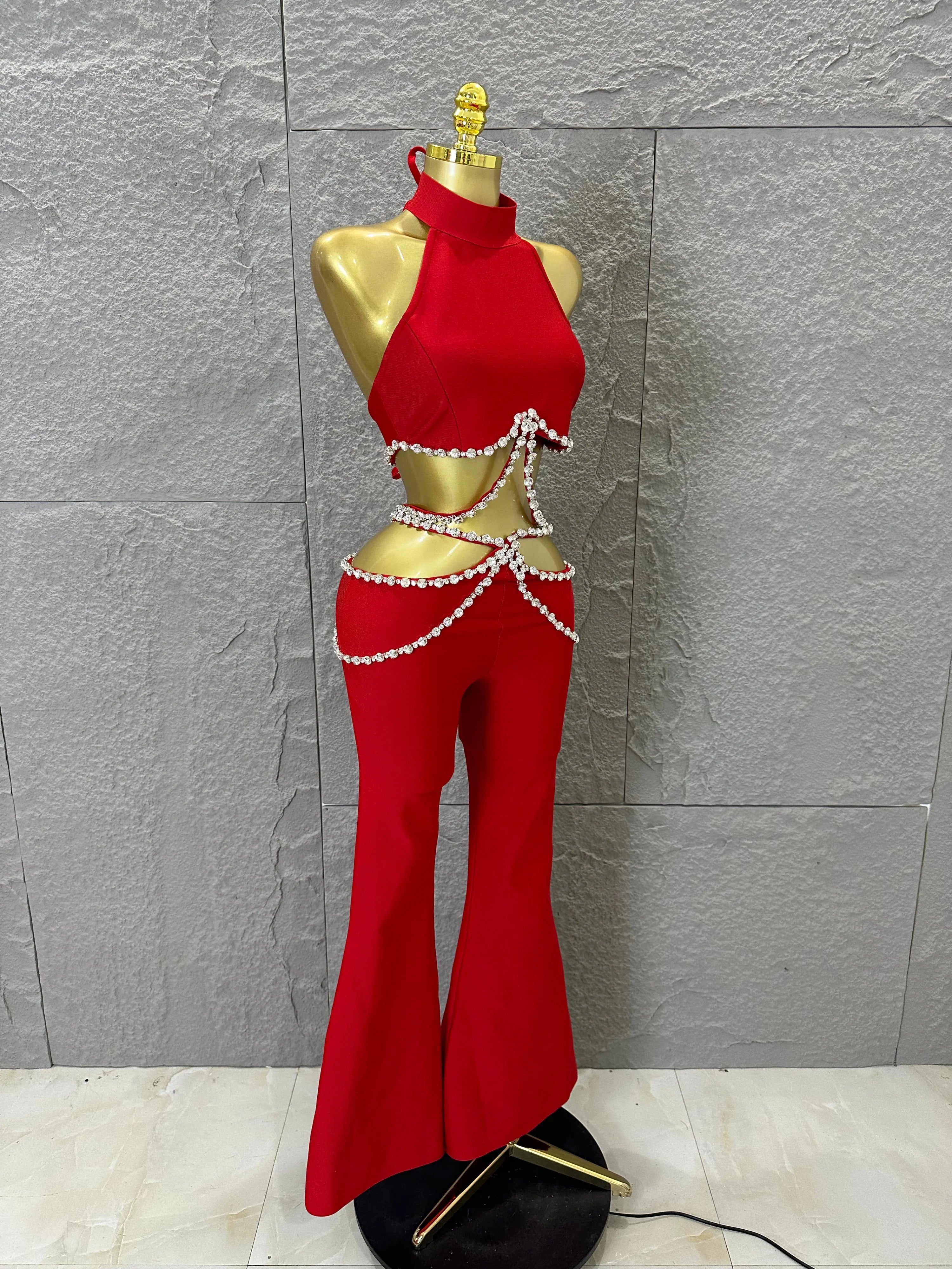 Luxurious Red Two Piece Set Women Sexy Halter Neck Crystal Cutout Crop Top Flare Pants Outfit Stage Performance Costume