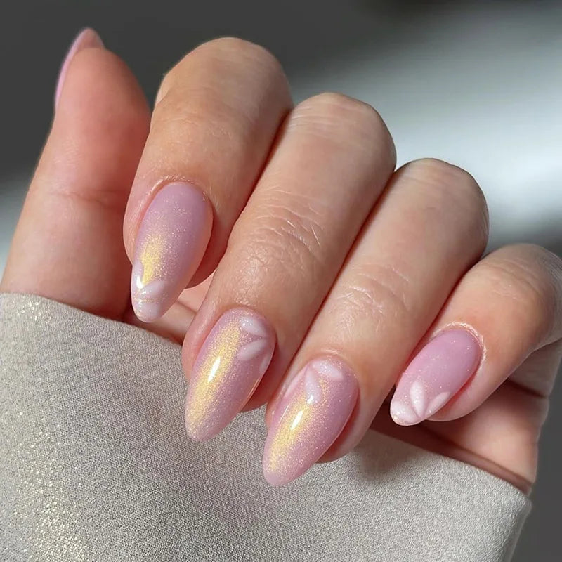 24Pcs Almond Green Press on Fake Nails with Glue Simple Oval Manicure Set Short Flowers Design False Nails Full Cover Nail Tips 1561