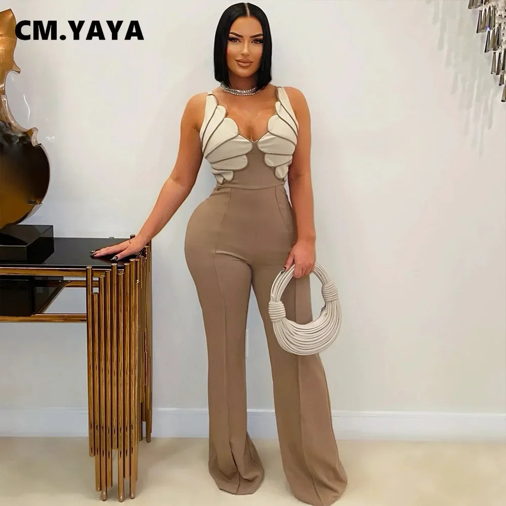 Women V-Neck Backless Wide Leg Straight Sleeveless Jumpsuits 2025 Spring Patchwork Sexy One Piece Set Streetwear Outfits