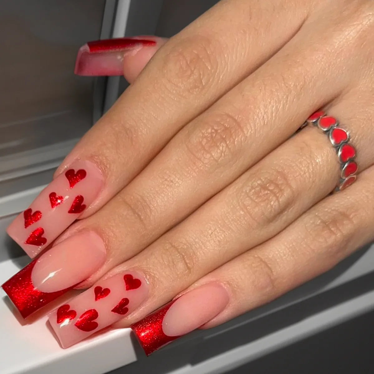 24Pcs Wearable False Nails with Rhinestone Long Square Press on Nails French Pink Flower 3D Bow Design Fake Nail Manicure Tips 81-05