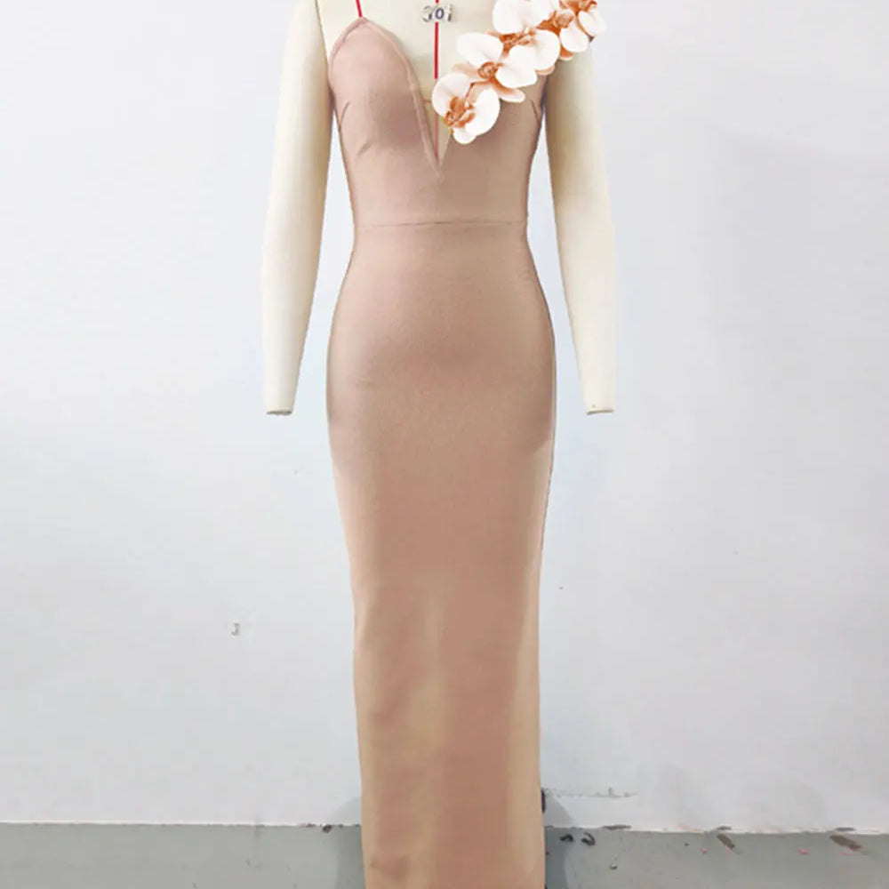 2024 Sexy Women's 3D Flower Decoration Long Dress Strapless Sleeveless Bodycon Backless Max Dress Cocktail Evening Party Vestido Khaki