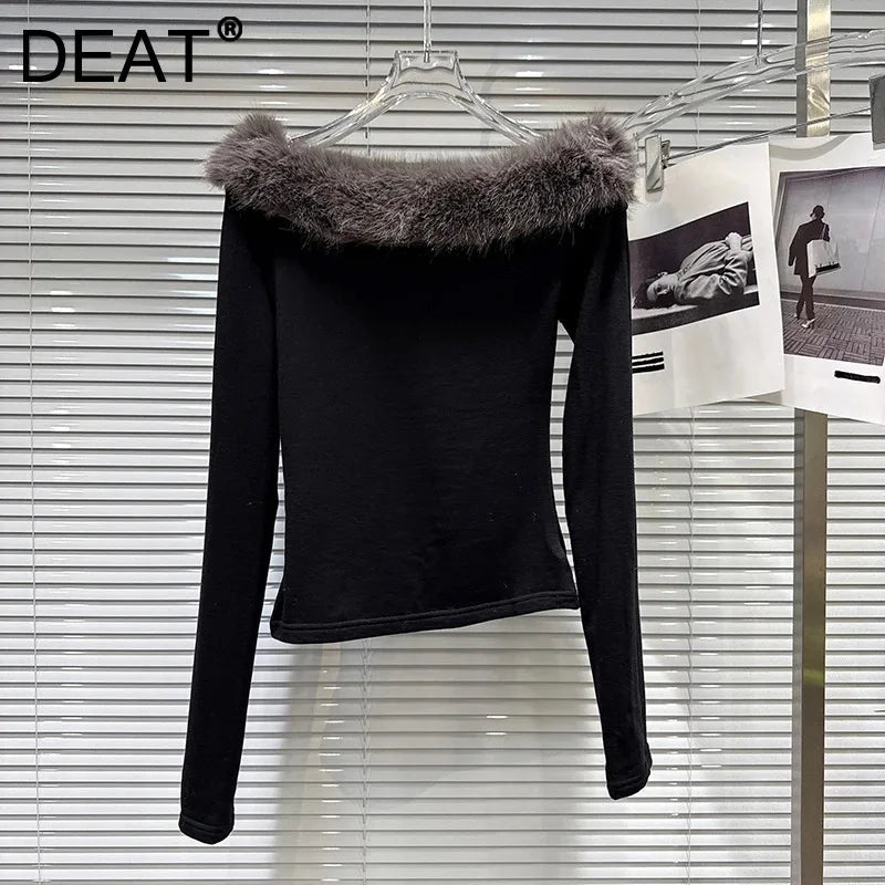 Winter New Fashionable Furry Collar Off-shoulder Long Sleeve T-shirt For Women Slim Fit Versatile Tops Female 11A07947