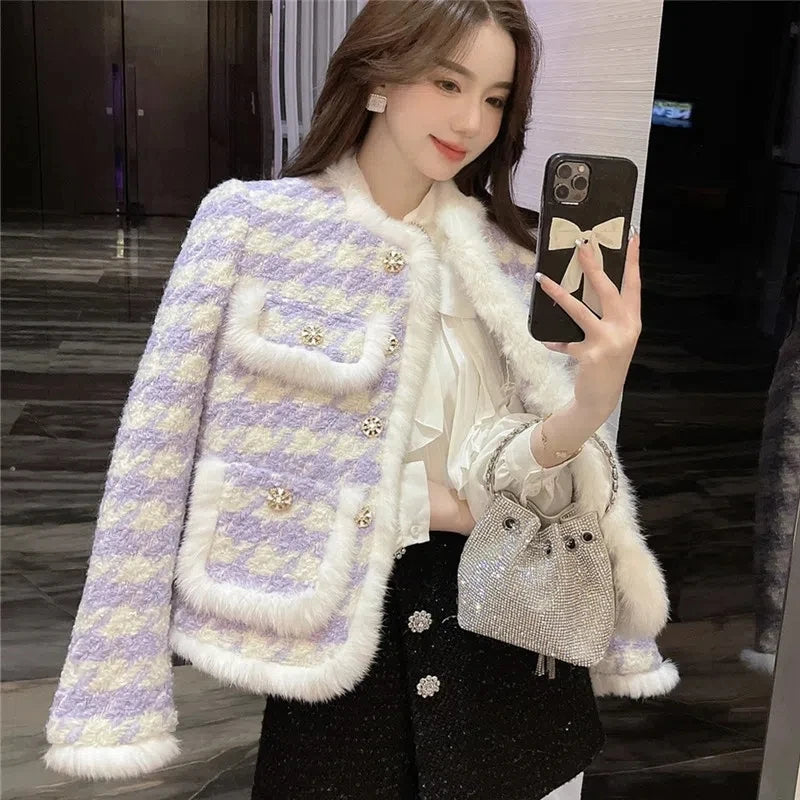 Women's Cotton Short Coat Commuter Style Overshirt Thickened Jacket Autumn Winter Clothes Imitation Mink Fur Coat Checkered Suit