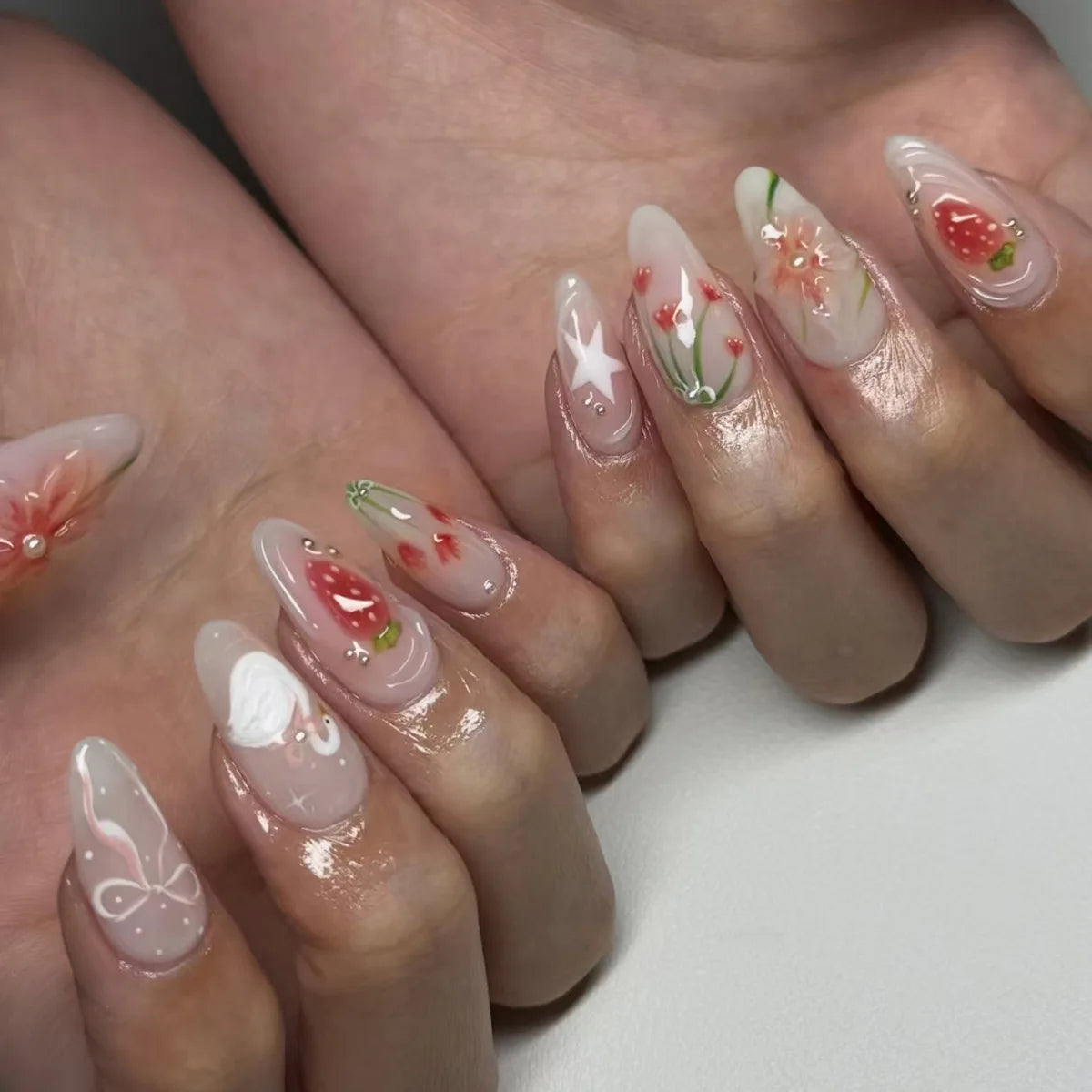24pcs/set Medium fake nails for women girls 3D embossed flowers fruit shell rhinestones design Almond tips press on false nail 2703