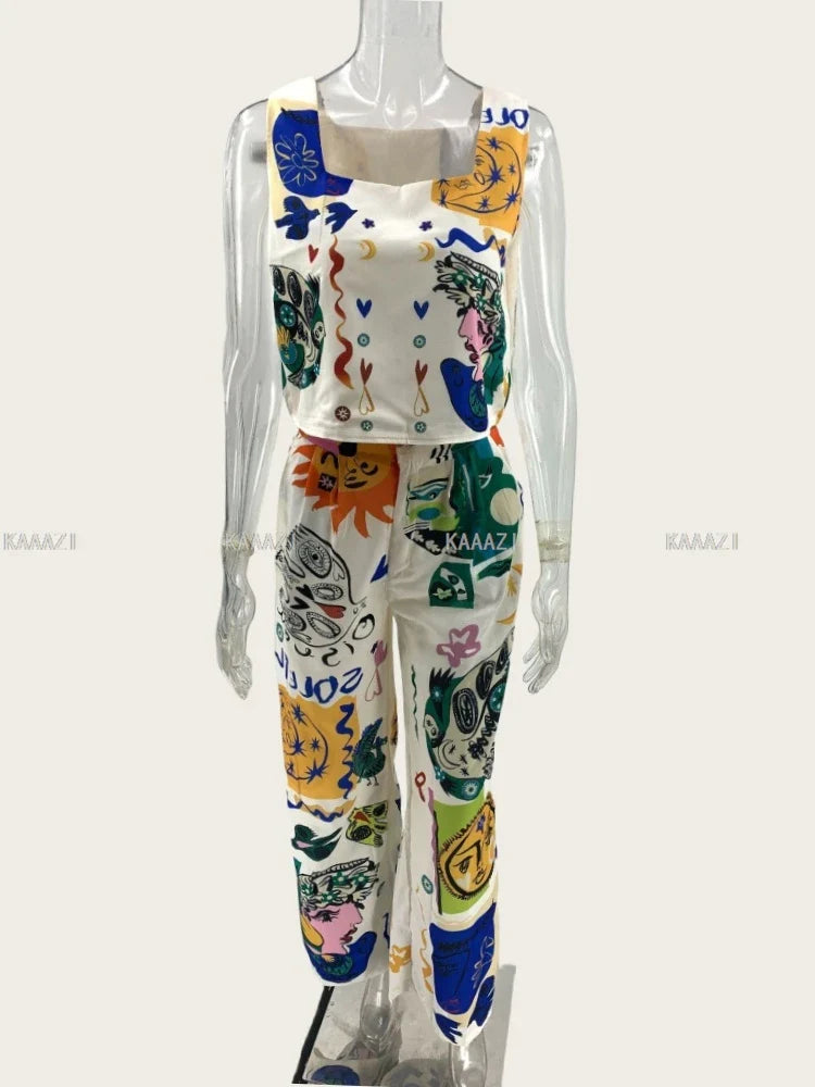 Holiday Fashion Casual Print Suits Women Crop Sleeveless Vest Tank Top Pants Chic Female 2 Piece Sets Outfits New Clothes Summer 1