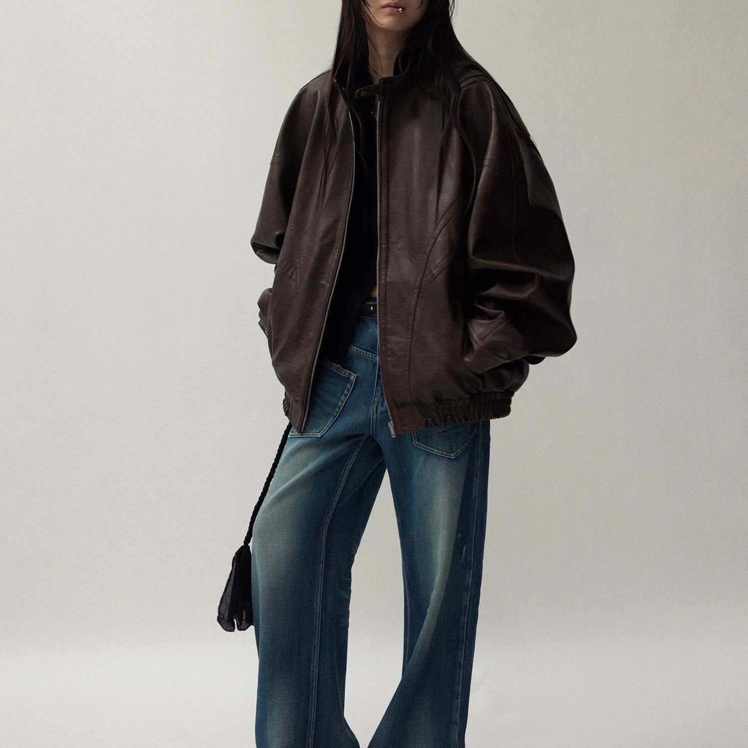 Lautaro Autumn Cool Handsome Distressed Brown Oversized Pu Leather Jacket Women Zippper Stand Collar American Retro Clothing Brown