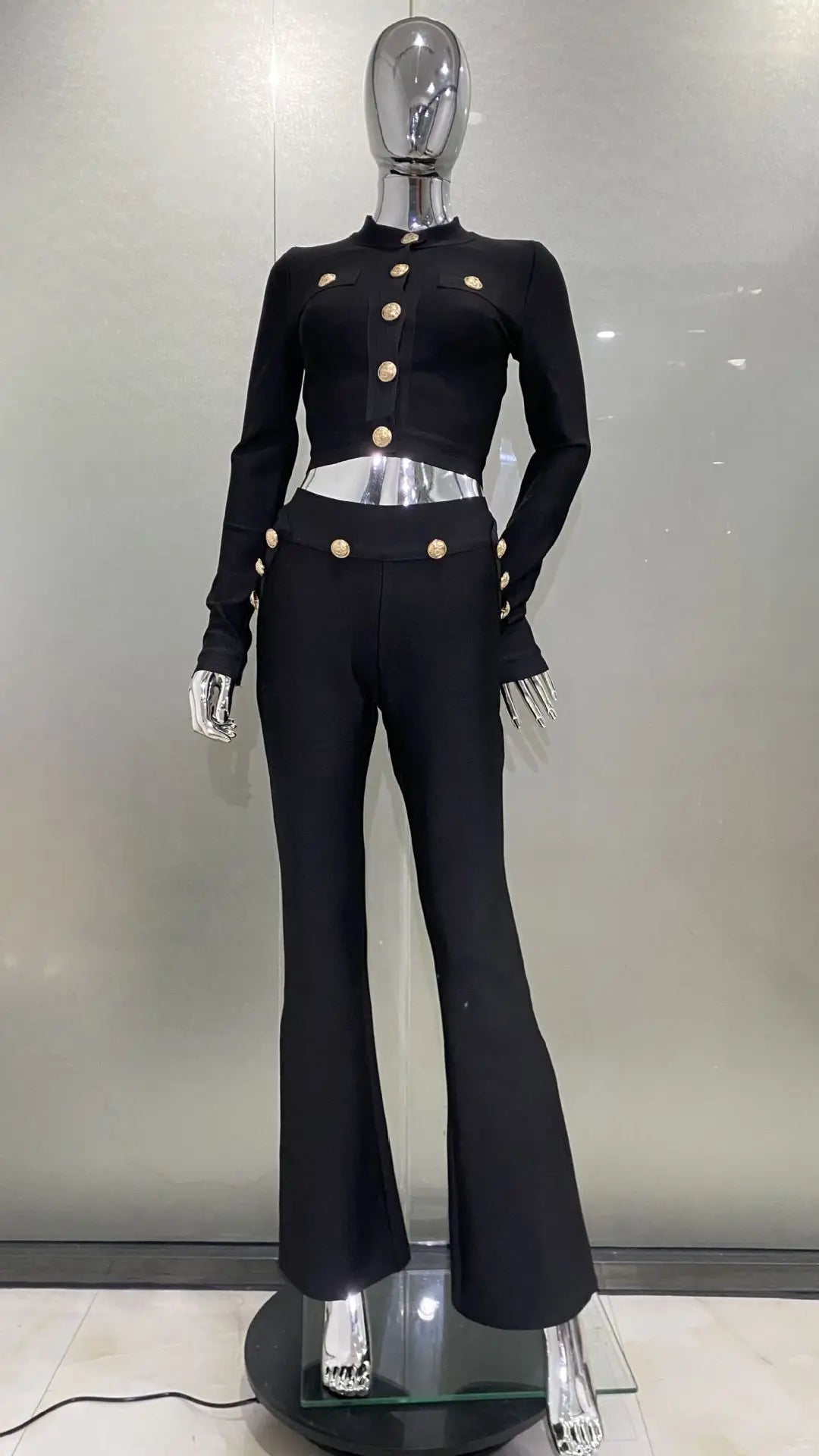 Bandage Expose Waist Woman Set Fashion Golden Buttons Short Coat Top And Flare Pants 2 Pieces High Street Wear