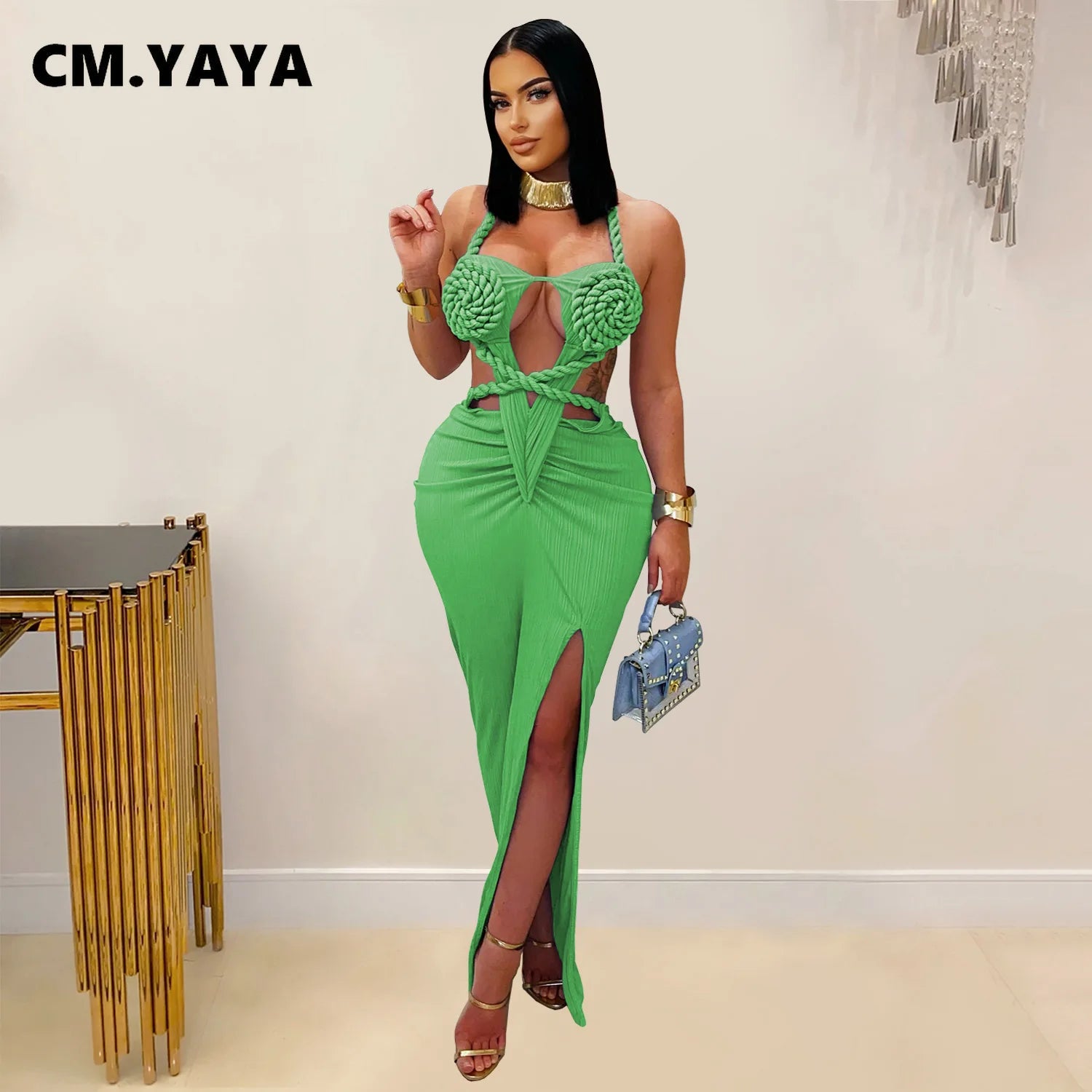 Women Hemp Rope Halter Neck Stacked Ruched High Split Knit Bodycon Midi Maxi Long Dress 2025 Birthday Sexy Party Dresses