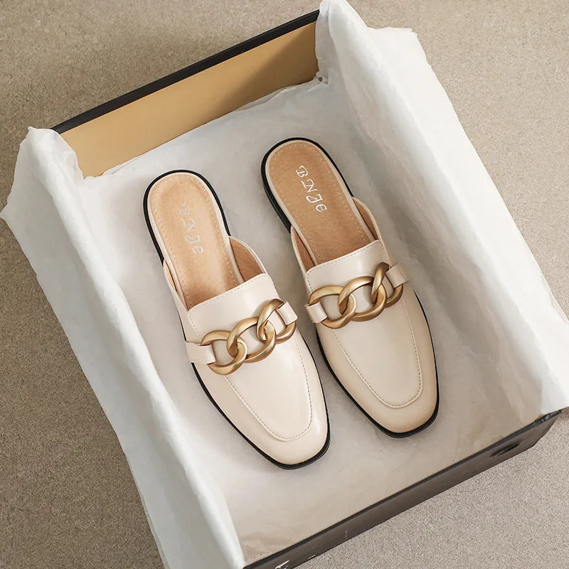 Woman mules fashion design Flat Square Toe Chain Backless Shoes Summer outdoor and indoor office wear White black free delivery Beige