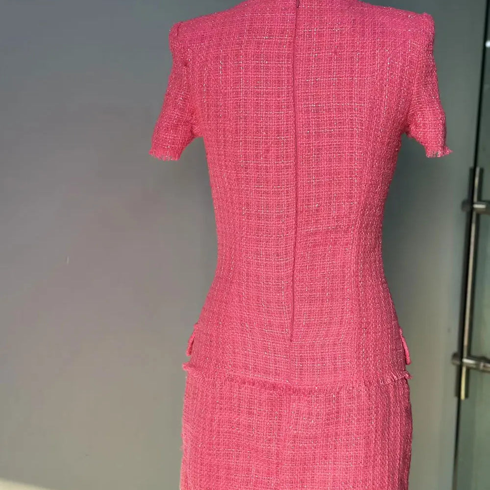 2025 Elegant Women's Small Fragrant Dress Square Neck Short Sleeve Button Design Bodycon Mini Dress Evening Party Vestidos