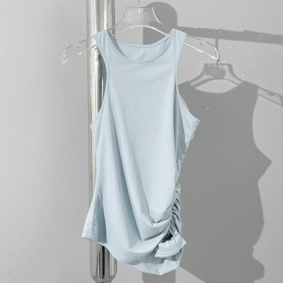 Romantic 3D rose pleated tank top fashionable and sexy y2k single side slim waist short section Top women 2024 summer new Light Blue