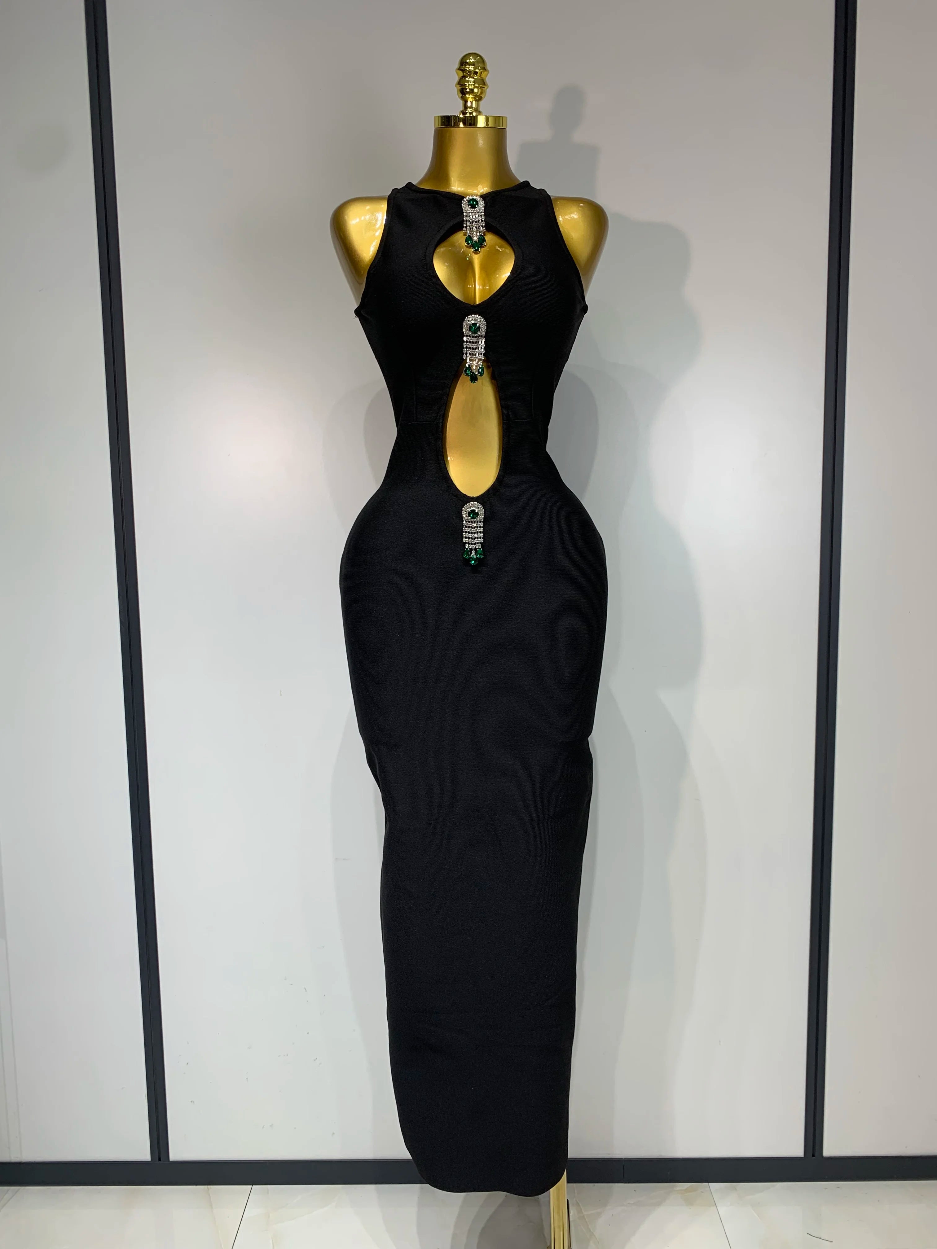 Women Celebrity Sexy Cut Out Diamonds Black Long Bodycon Bandage Dress 2025 Elegant Evening Club Party Luxury Birthday Dresses black