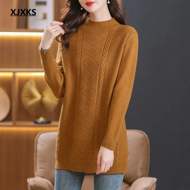 XJXKS Winter Warm Thickened Wool Knit Dress Mid-length Womens Clothing Jumper 2024 New Solid Colour All-match Pullover Orange