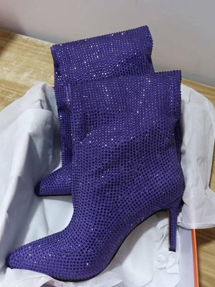 Women's New European and American Fashion Show Starry Sky High-heeled Rhinestone Pointed Nightclub Four Seasons Boots purple 9cm