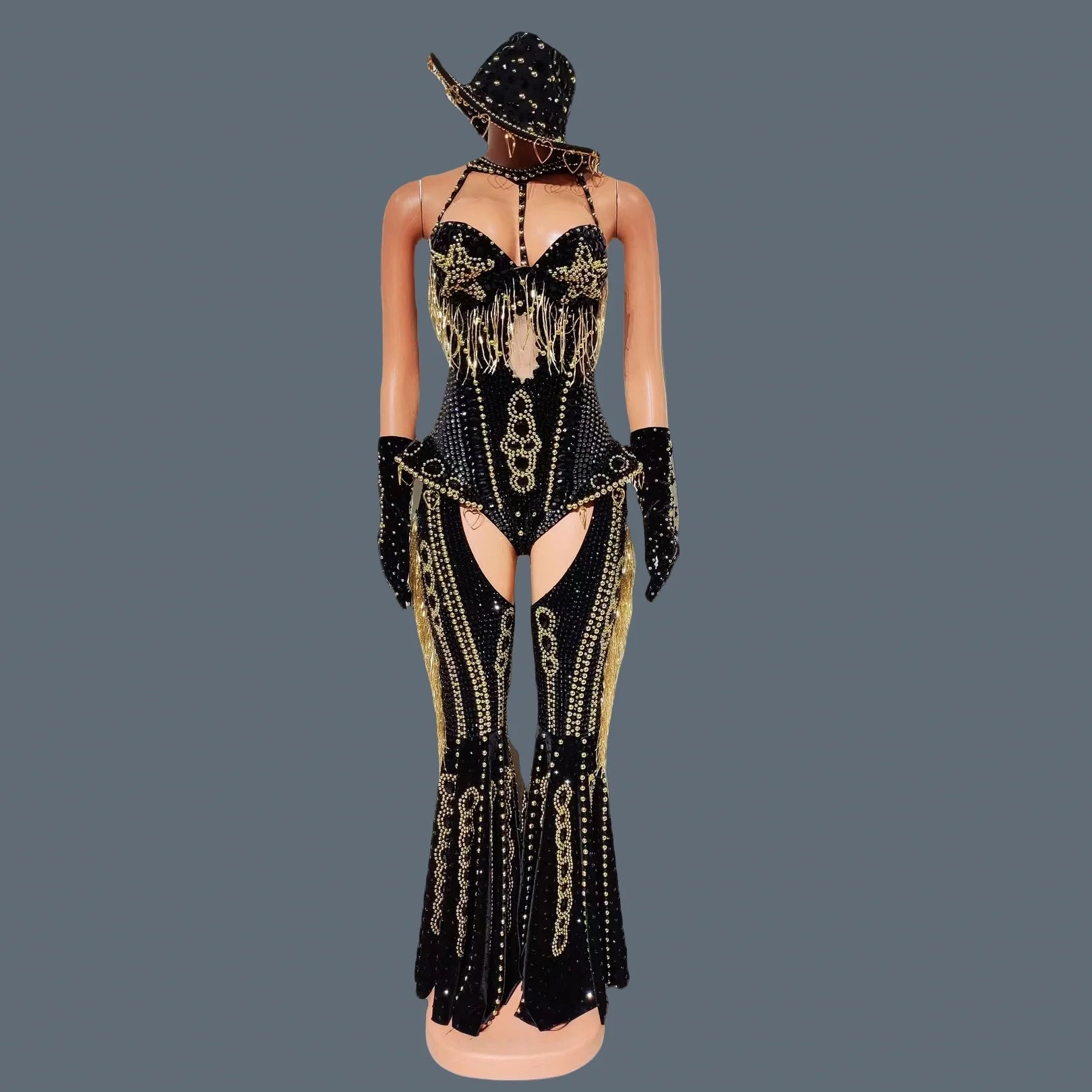 Women Sparkly Rhinestone Bodysuit 4Pieces Set Night Party Cowboy Show Outfit Cabaret Carnival Showgirl Sexy Jumpsuit Hongding black jumpsuit set