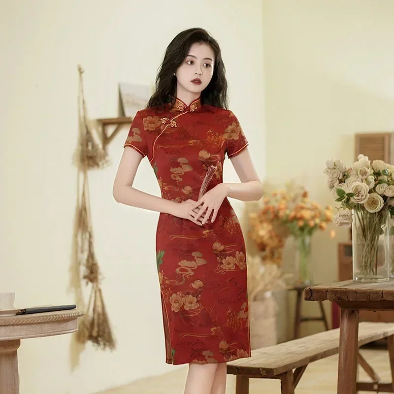 Cheongsam Qipao Fashion Clothes Casual Elegant Ethnic Style Vintage Dress for Women Streetwear Women Clothing Party Chinese DQ6-4red