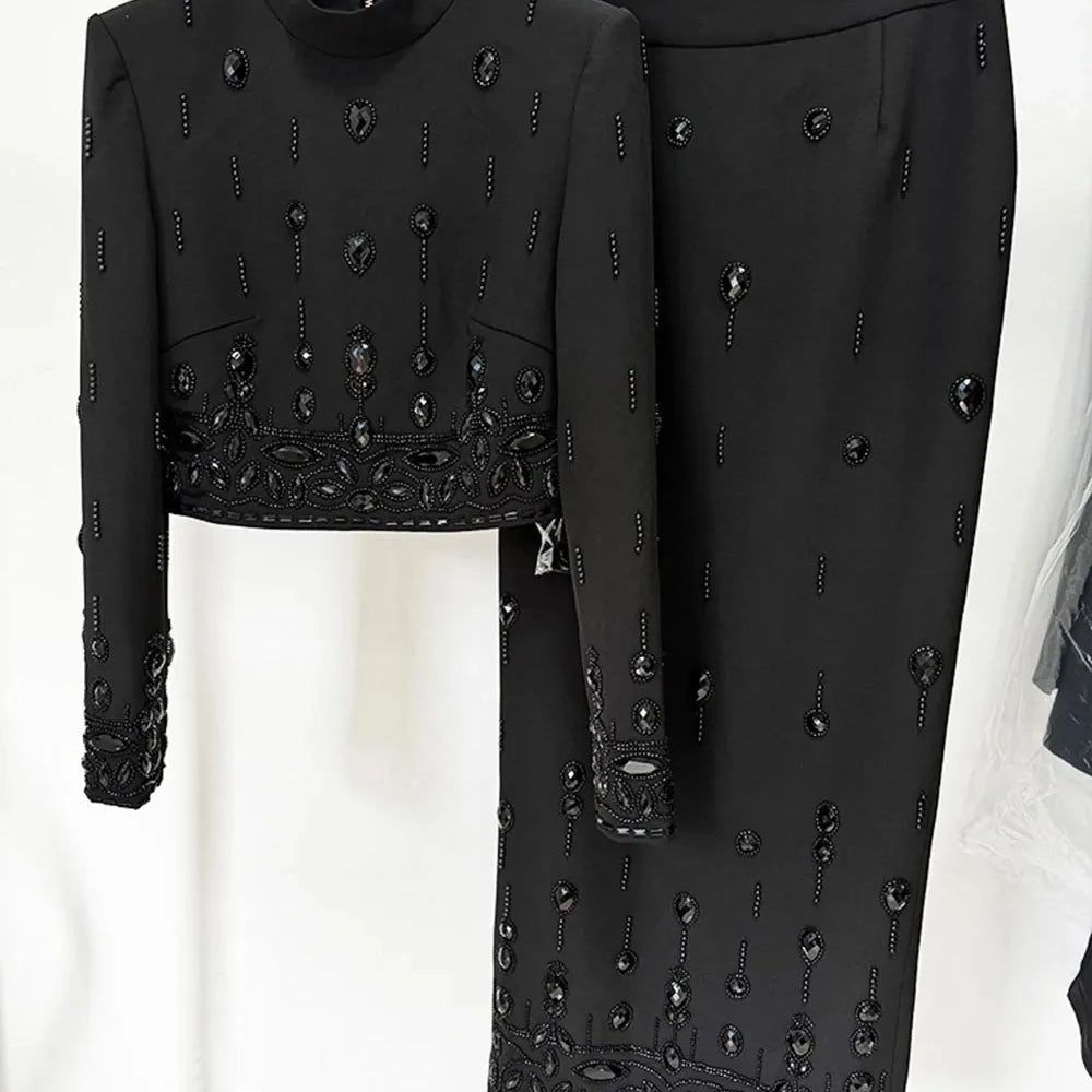 2024 Heavy Industry Nail Bead Inlaid Diamond Short Skirt Set O-neck Long Sleeve Slim Fit Short Top+Nail Bead Skirt Two Piece Set Black long style
