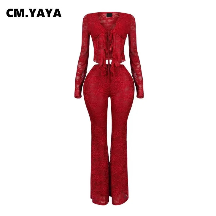 CM.YAYA 2025 Women's Set Long Sleeve Lace See Through Shirt + Long Pants Street Evening Sexy Two 2Piece Sets Outfits Tracksuit