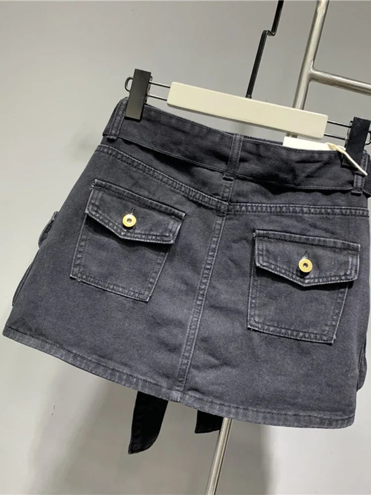 DEAT Fashion Belt Bandage Denim Mini Skirt Women Patchwork Pocket Cargo Wrap Hip Skirts Female Trend Spring New 11XX01119