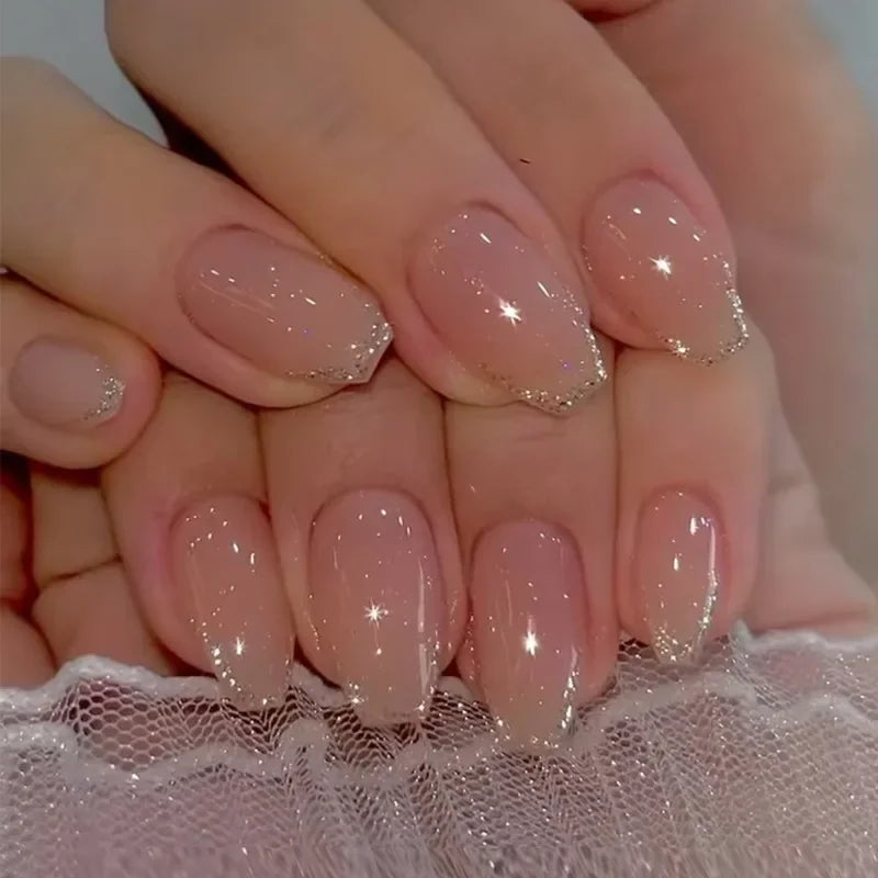 False Nails Broken Diamonds Fashion Gradient Wine Red Ballet Press on Fake Nails Glitter Mid-length French Nail Tips Art 24Pcs 6