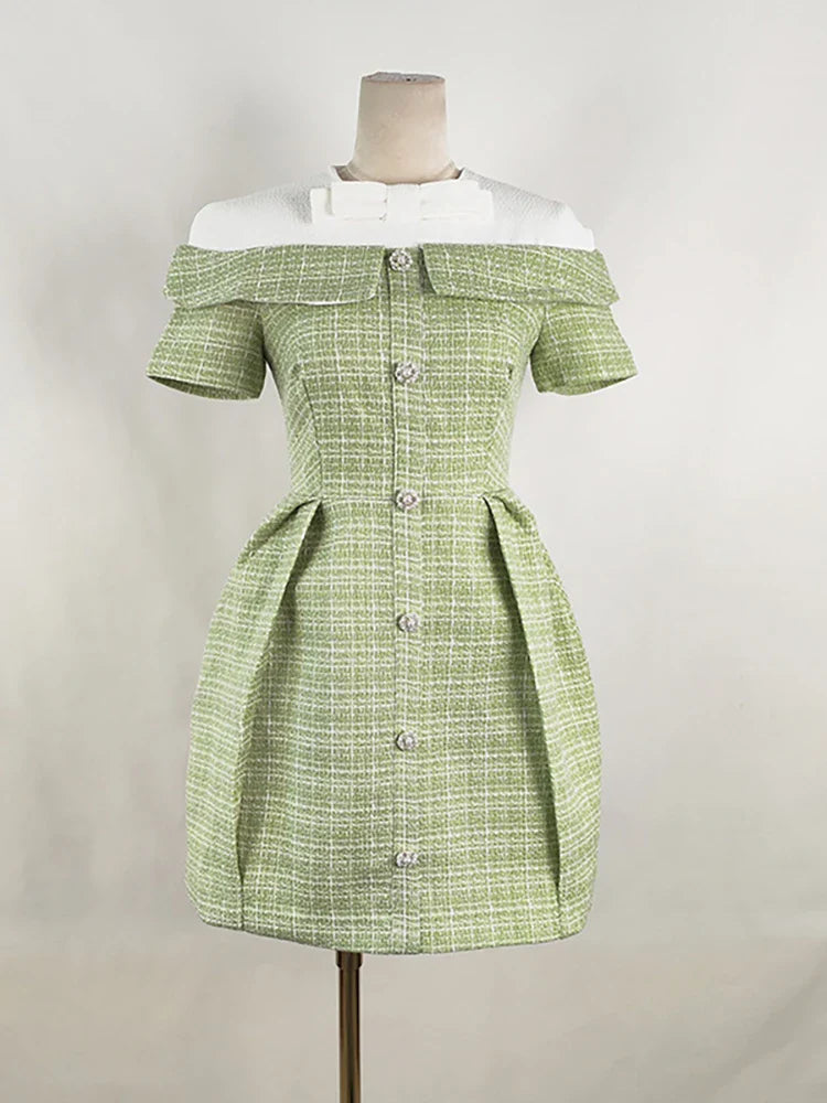 DEAT Women's Patchwork Tweed Dress Fashion Contrast Color Single Breasted High Waist Elegant Dresses Female New 13DB3854 Green