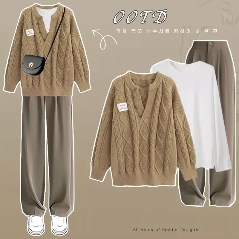 Women's Autumn Winter New Fashion Suit Korean Elegant Knitting Sweater+White Long Sleeve+Pants Three Piece Set Female Clothing Khaki Set