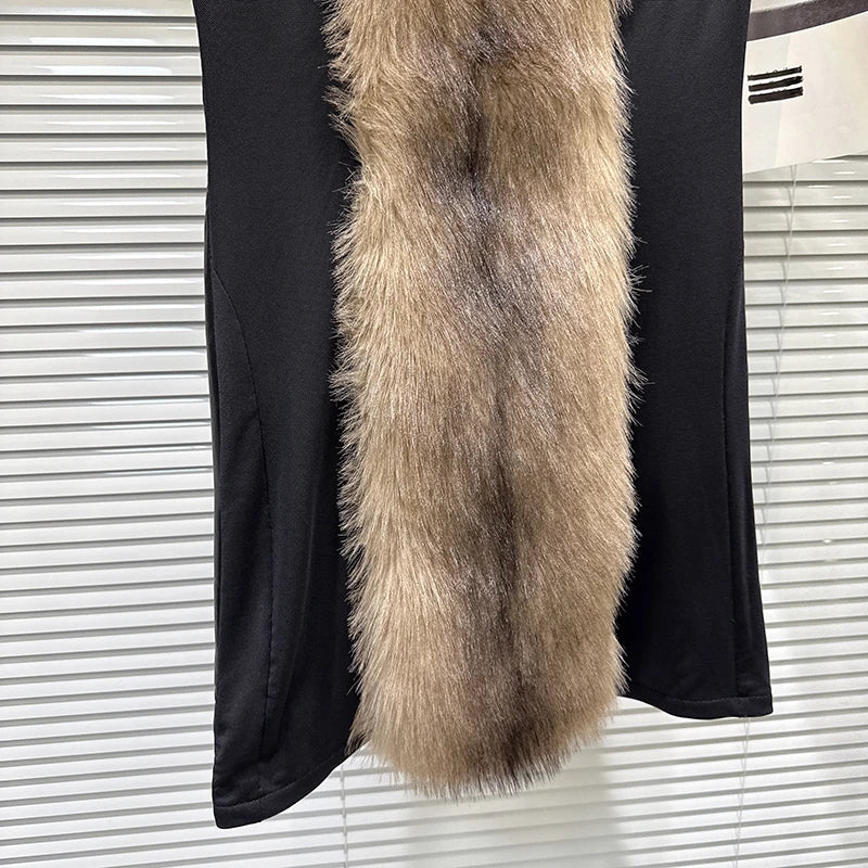 Winter New Fashion Furry Patchwork PU Leather Zipper Strapless Dress For Women Evening Party Backless Dresses 11A07577