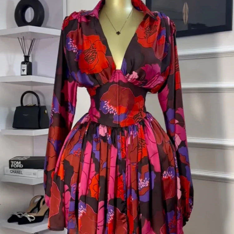 Women V-neck Long Sleeve Pleated Floral Print Mini Dress Sweet elegant Sexy Birthday Beach Night Party Vestidos Dresses