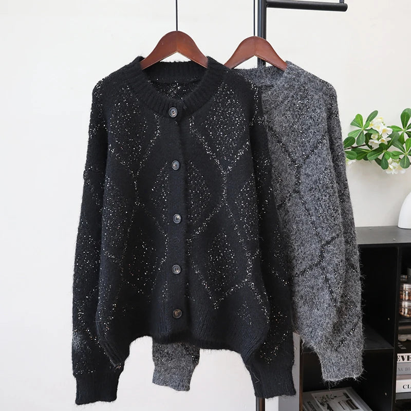 Autumn Winter New Sequin Design Round Neck Knitted Cardigan For Women Loose Casual Sweater Coat Female 11A07625