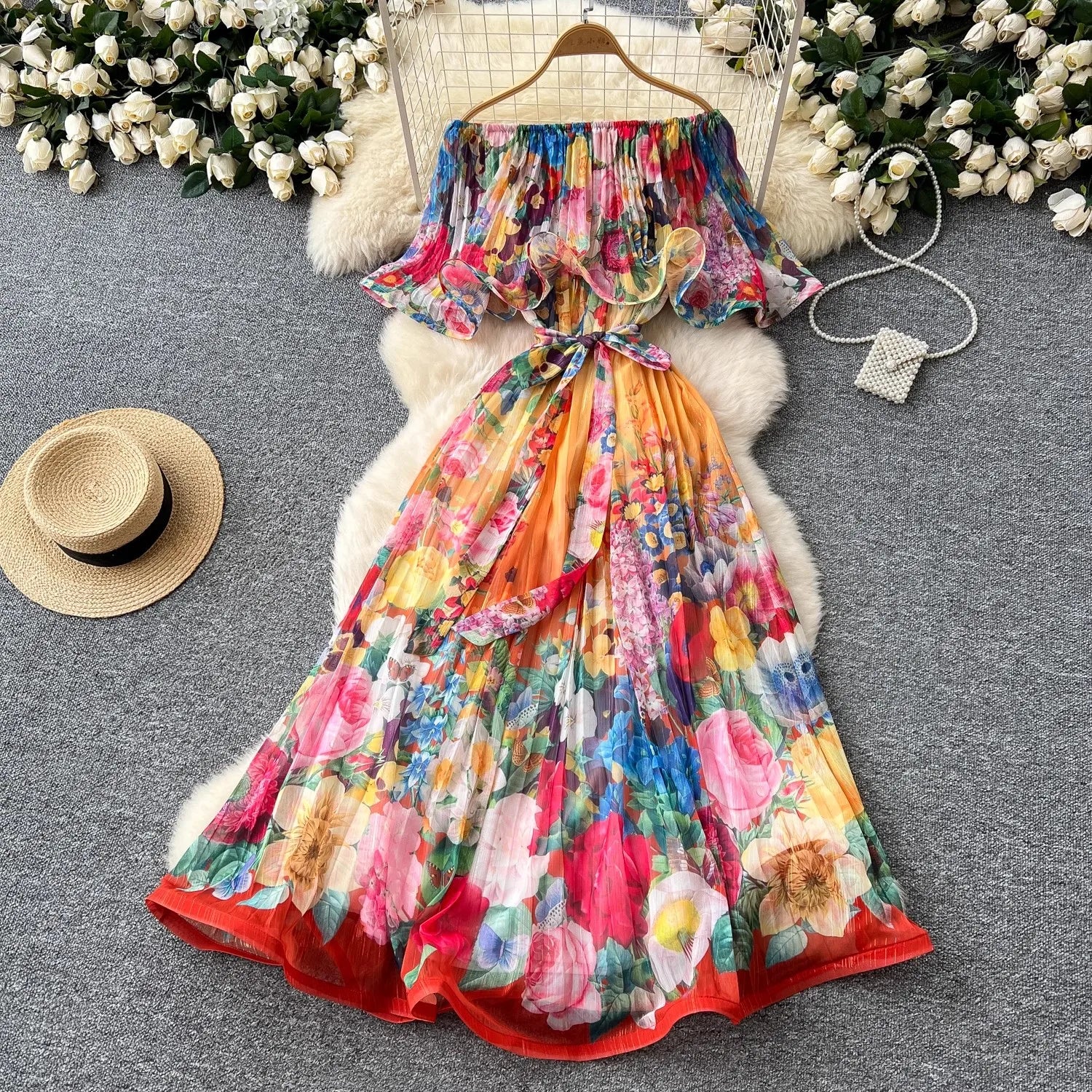 Summer Off Shoulder Gorgeous Flower Holiday Dress Women's Slash Neck Ruffles Batwing Sleeve Print Casual A-Line Beach Vestidos yellow