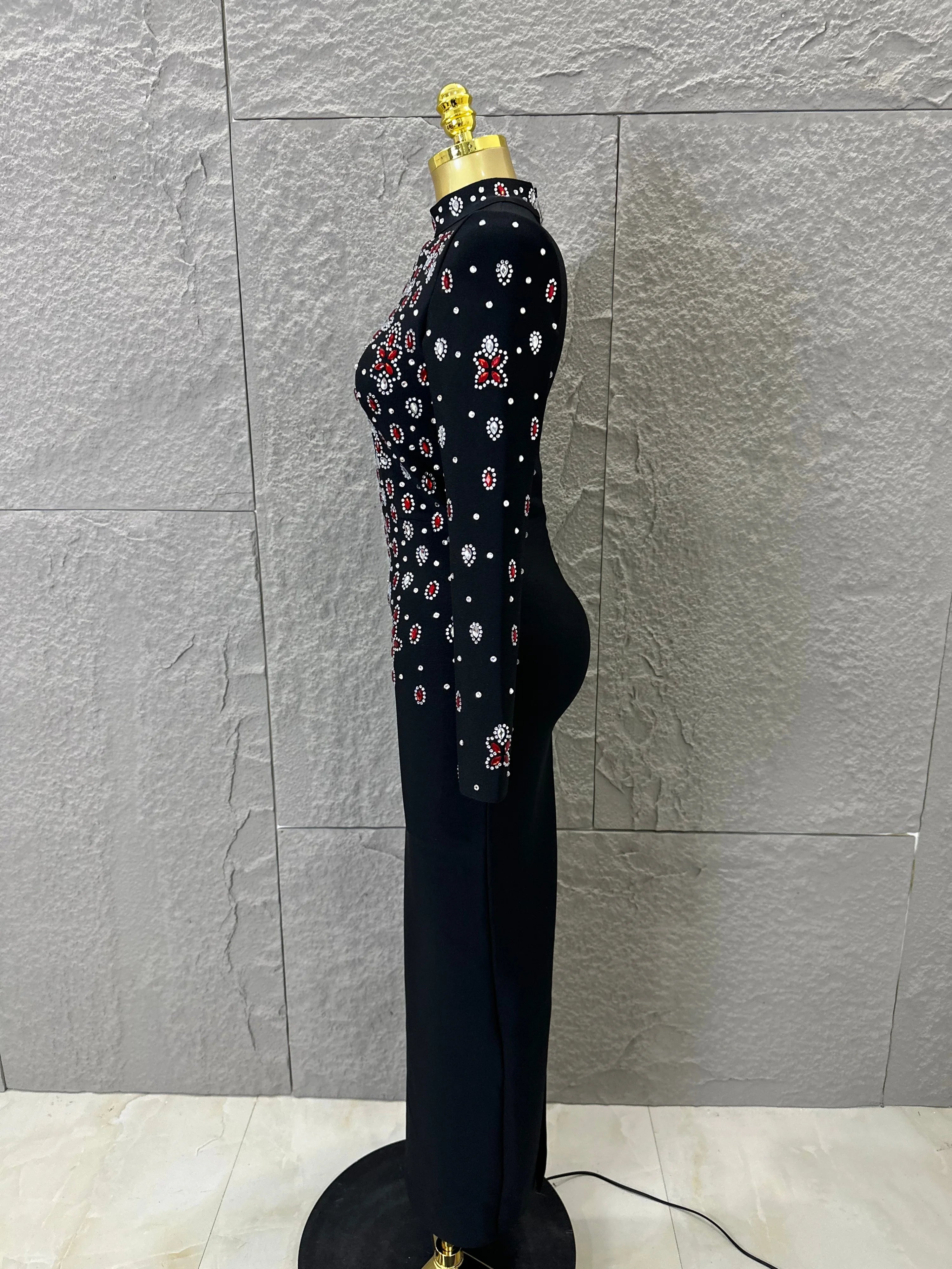 Women Sexy Long Sleeve Crysta Red Rhinestone Embellished Bodycon Outfit Formal Event Party Elegant Black High Neck Maxi Dress